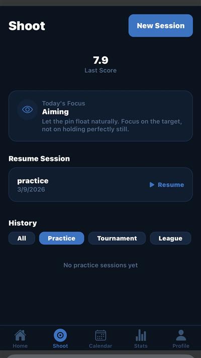 Shoot page — last score, today's focus, resume session, history filters